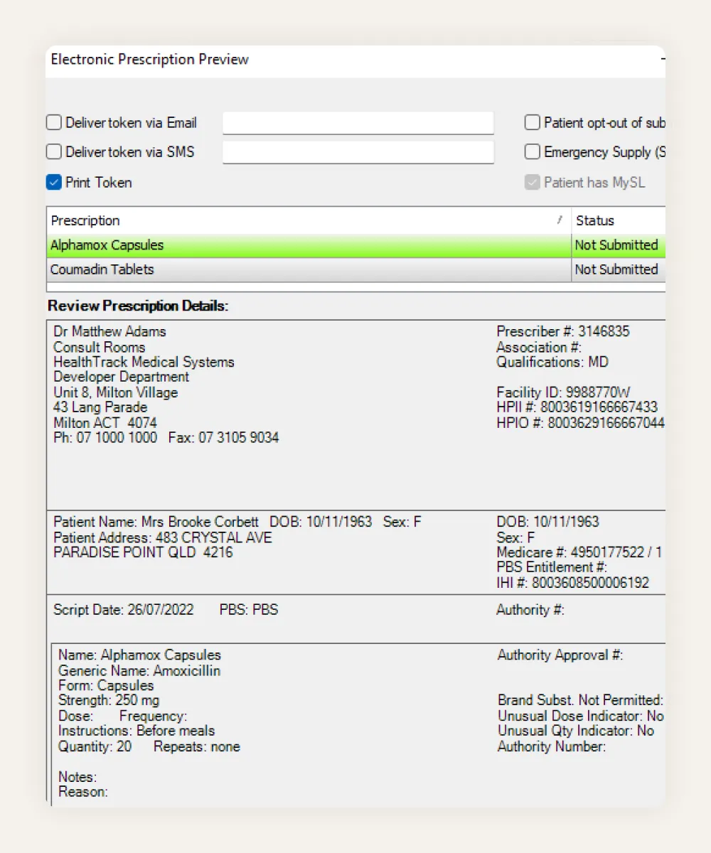 HealthTrack electronic prescription preview, showing token delivery by email, SMS or print alongside full prescription details