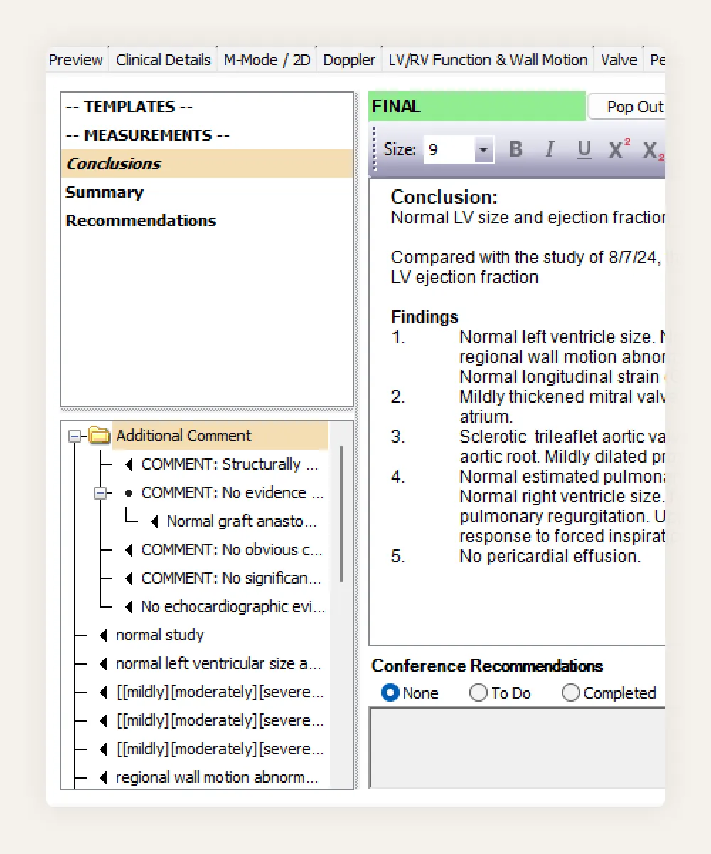 HealthTrack echocardiogram reporting, with a quick-text library of standard phrases building the conclusions and findings