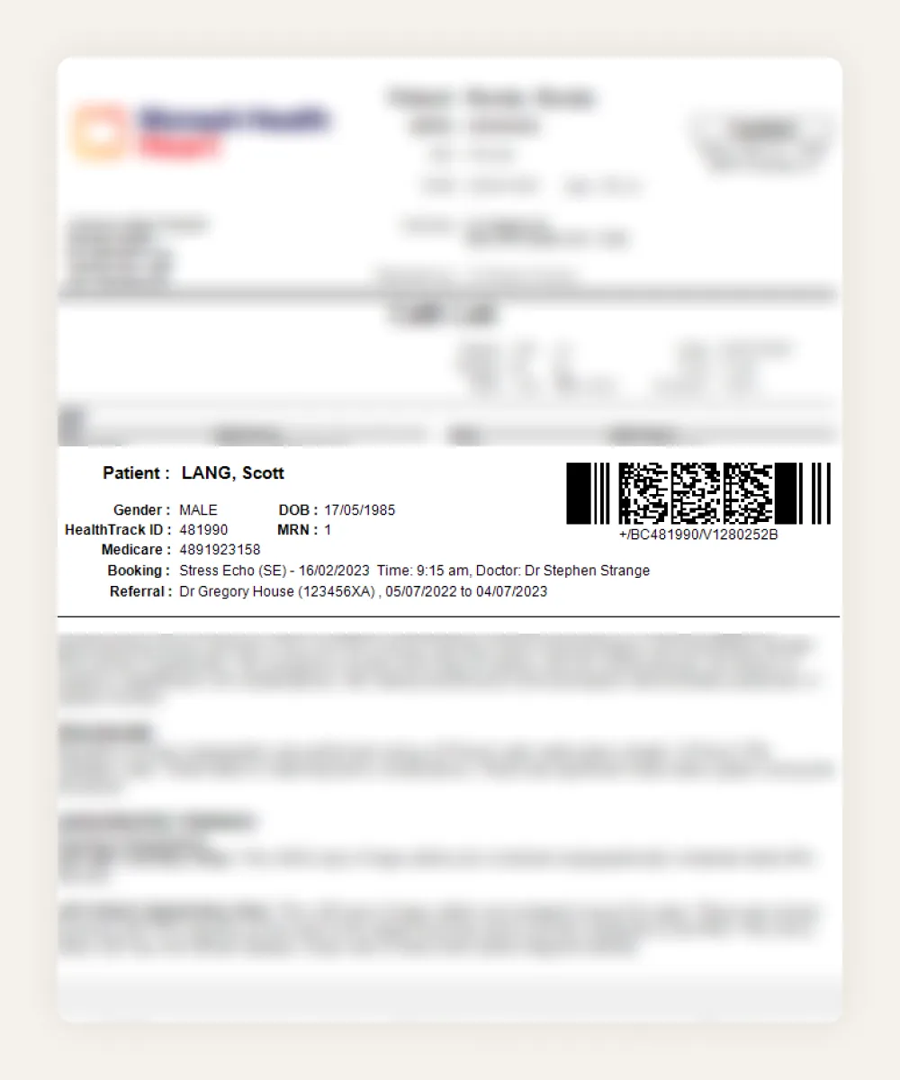 A HealthTrack booking cover sheet with barcode and QR code, so scanned documents import straight to the right patient record