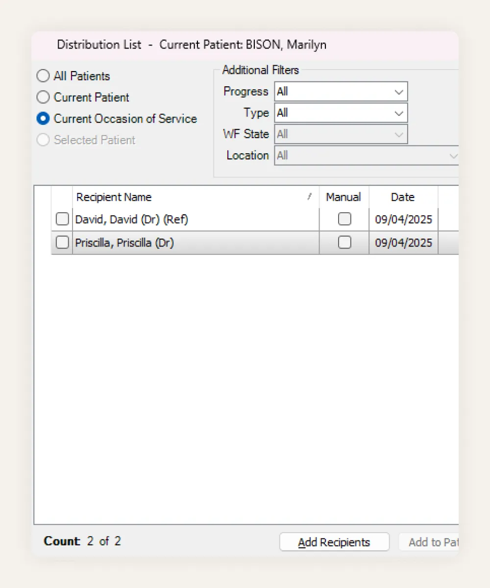 HealthTrack report distribution list, selecting which referring doctors receive a copy of a patient's report