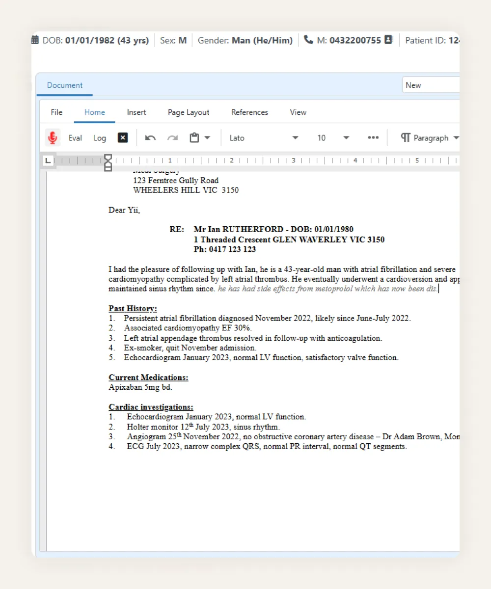 Dictating a cardiology letter inside HealthTrack, with the dictation toolbar in the document editor