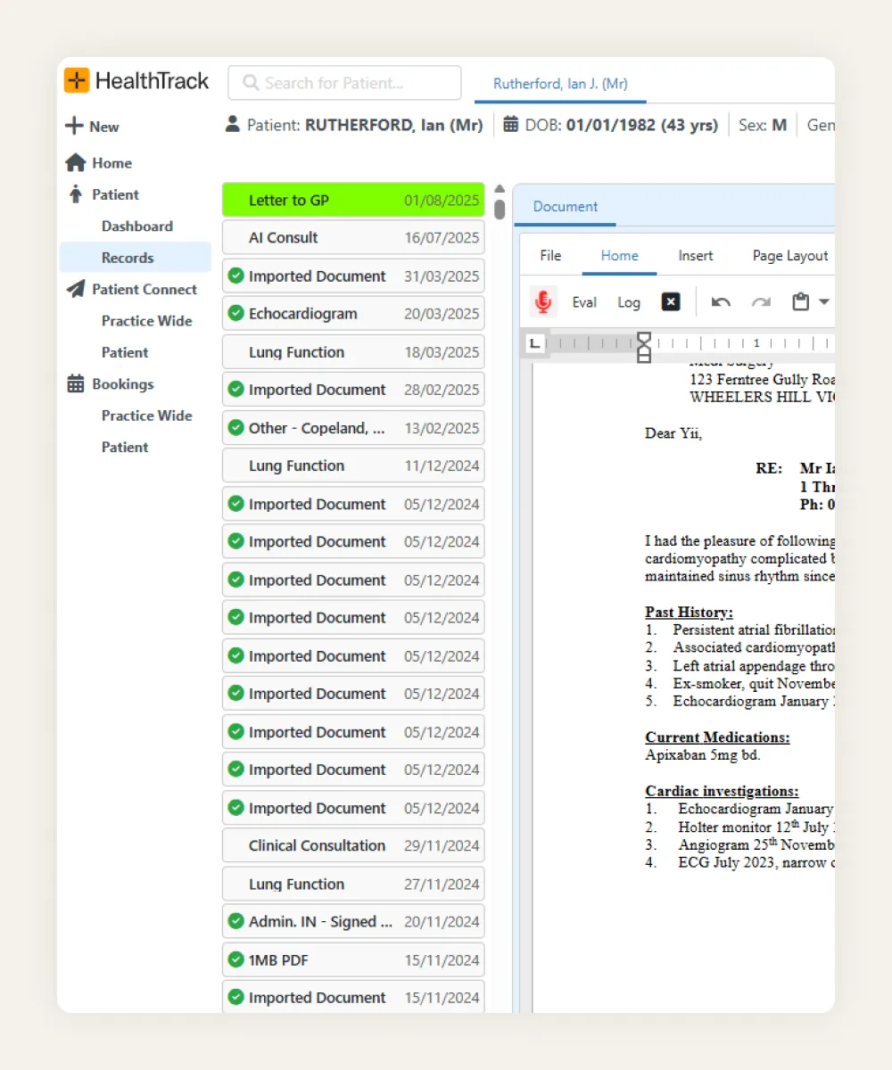 HealthTrack patient record with document history and an open GP letter, showing AI and dictation working inside the patient record