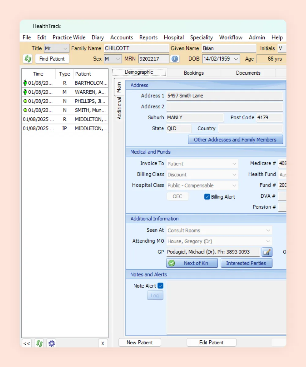 HealthTrack practice management for a cardiology practice, showing demographics, Medicare and fund details and the day's bookings