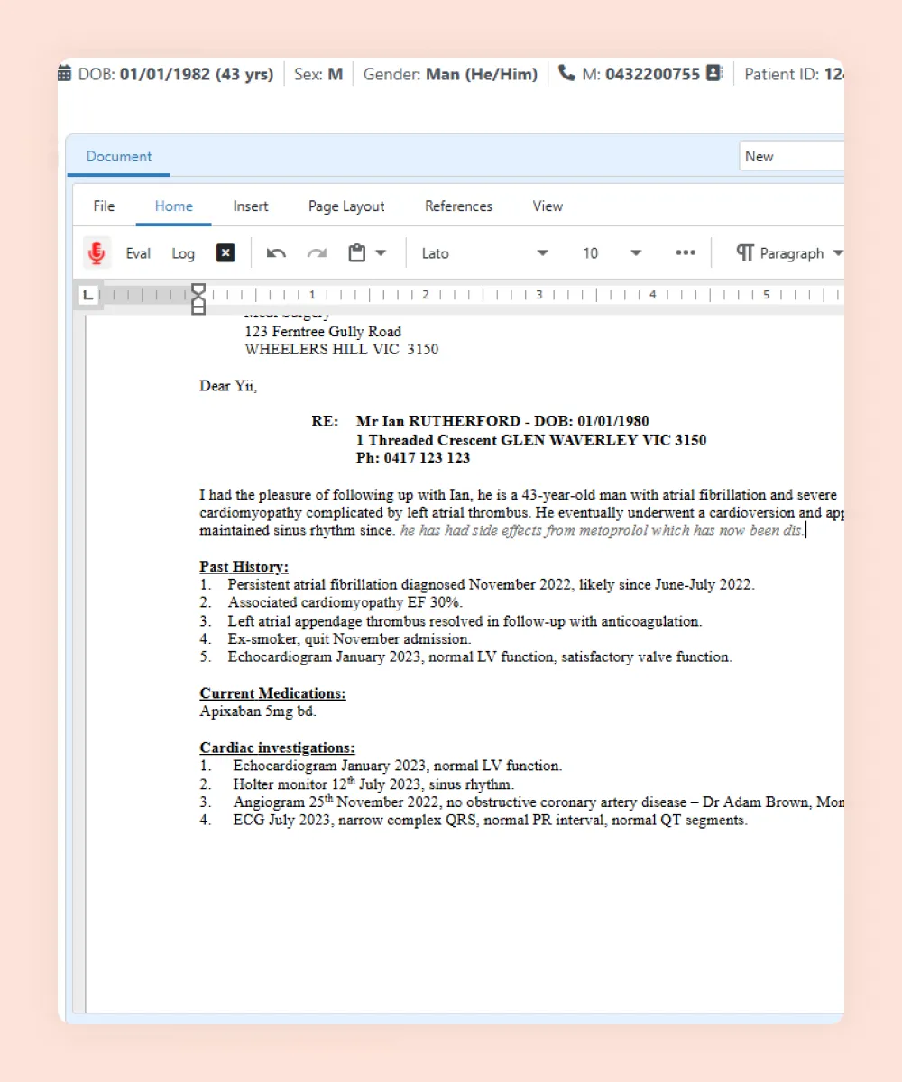 Dictating a cardiology letter to a GP inside HealthTrack, with the dictation toolbar built into the document editor