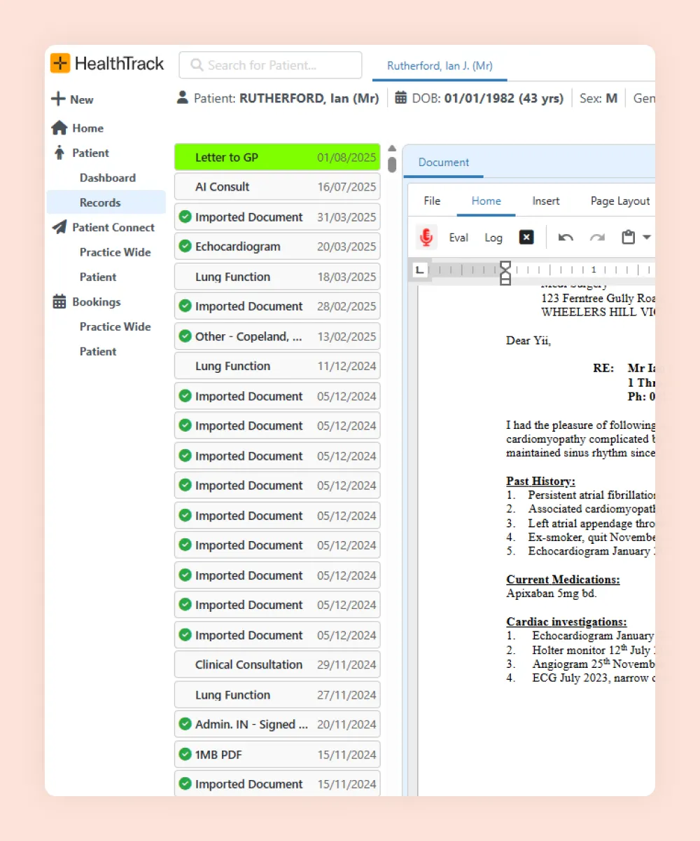 HealthTrack patient record with the full document history down the left and a GP letter open beside it, no switching between systems