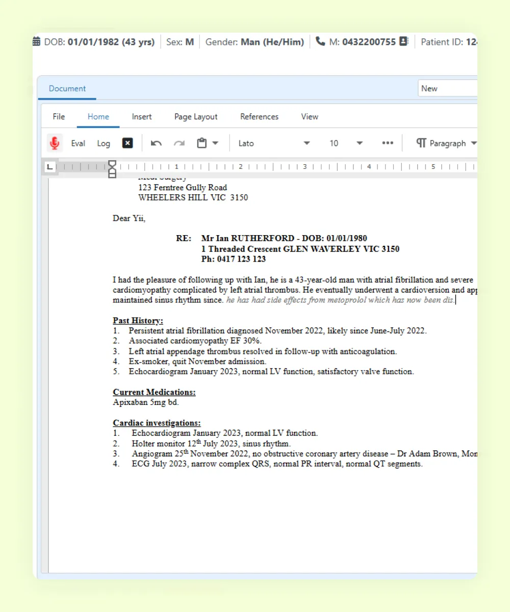 Dictating an ophthalmology letter inside HealthTrack, with dictation built into the document editor