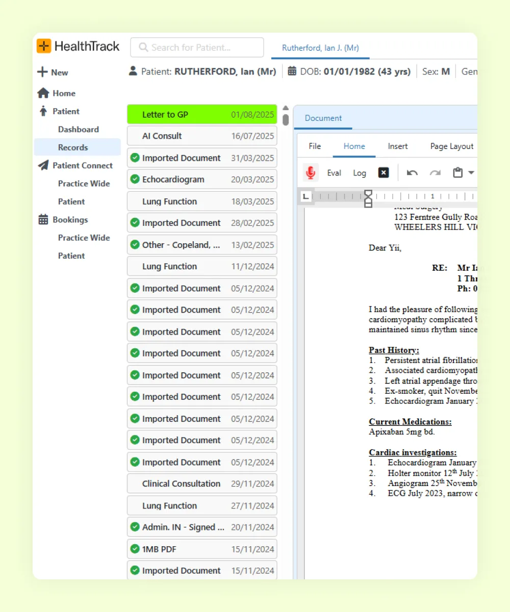 HealthTrack patient record for an ophthalmology patient, with document history and an open letter side by side