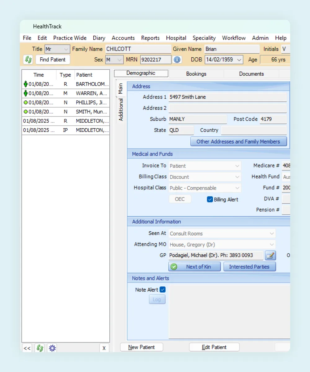 HealthTrack practice management screen showing patient demographics, Medicare and health fund details, billing class and referring GP
