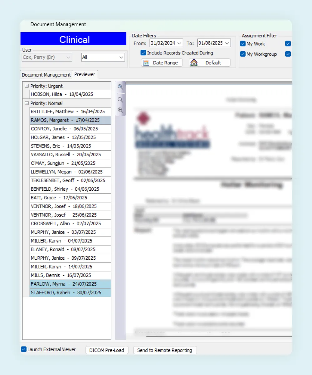 HealthTrack clinical worklist for a respiratory practice, grouping patients by urgent and normal priority with a document preview
