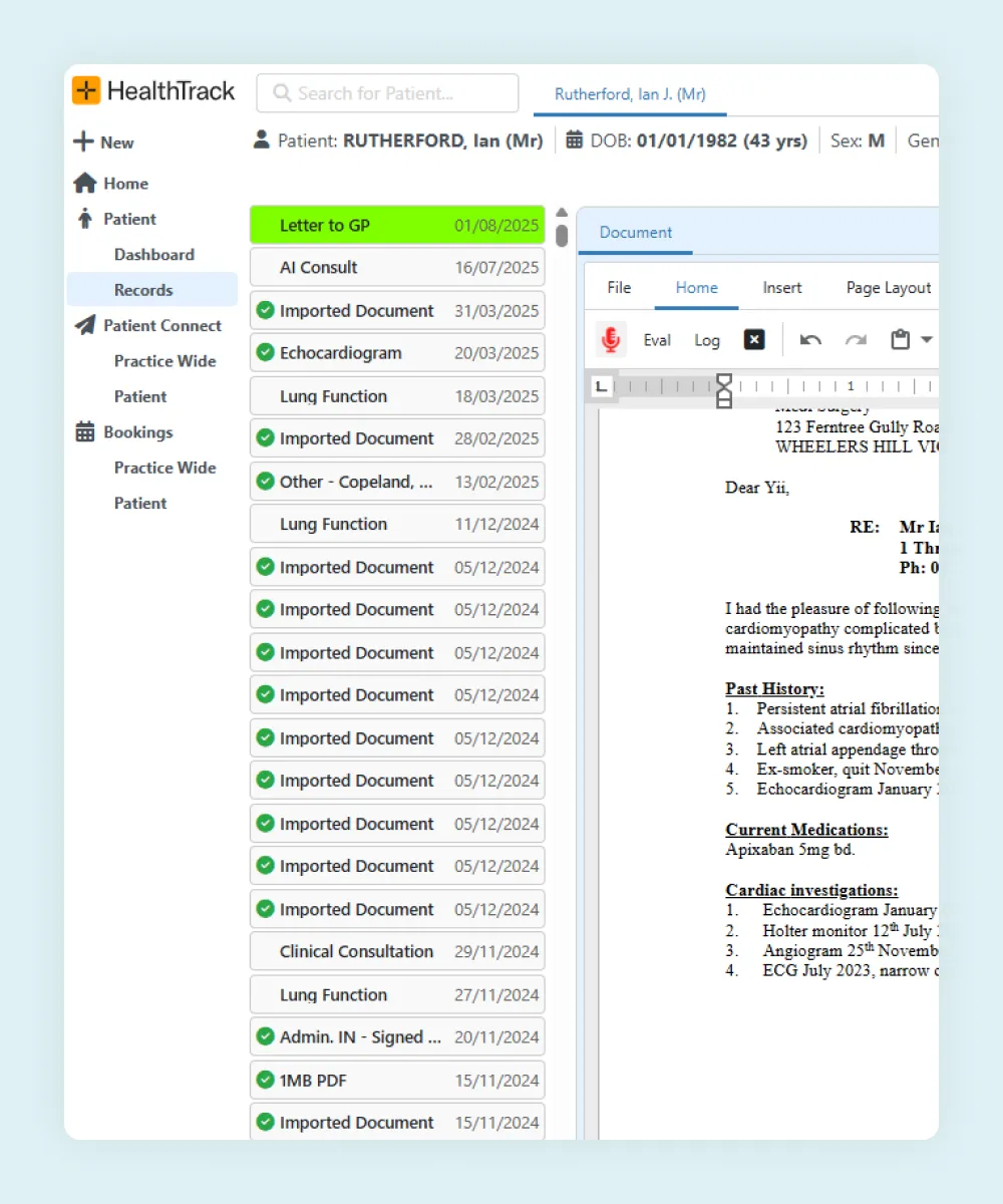 HealthTrack patient record for a respiratory and sleep patient, showing lung function studies and letters in one timeline