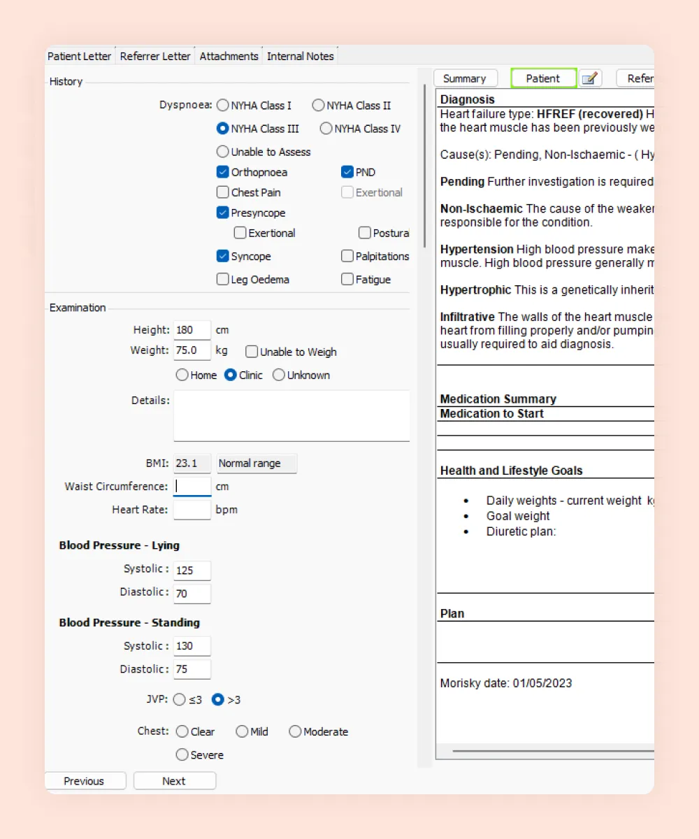 HealthTrack heart failure assessment, capturing NYHA class, symptoms, lying and standing blood pressure, and the medication plan
