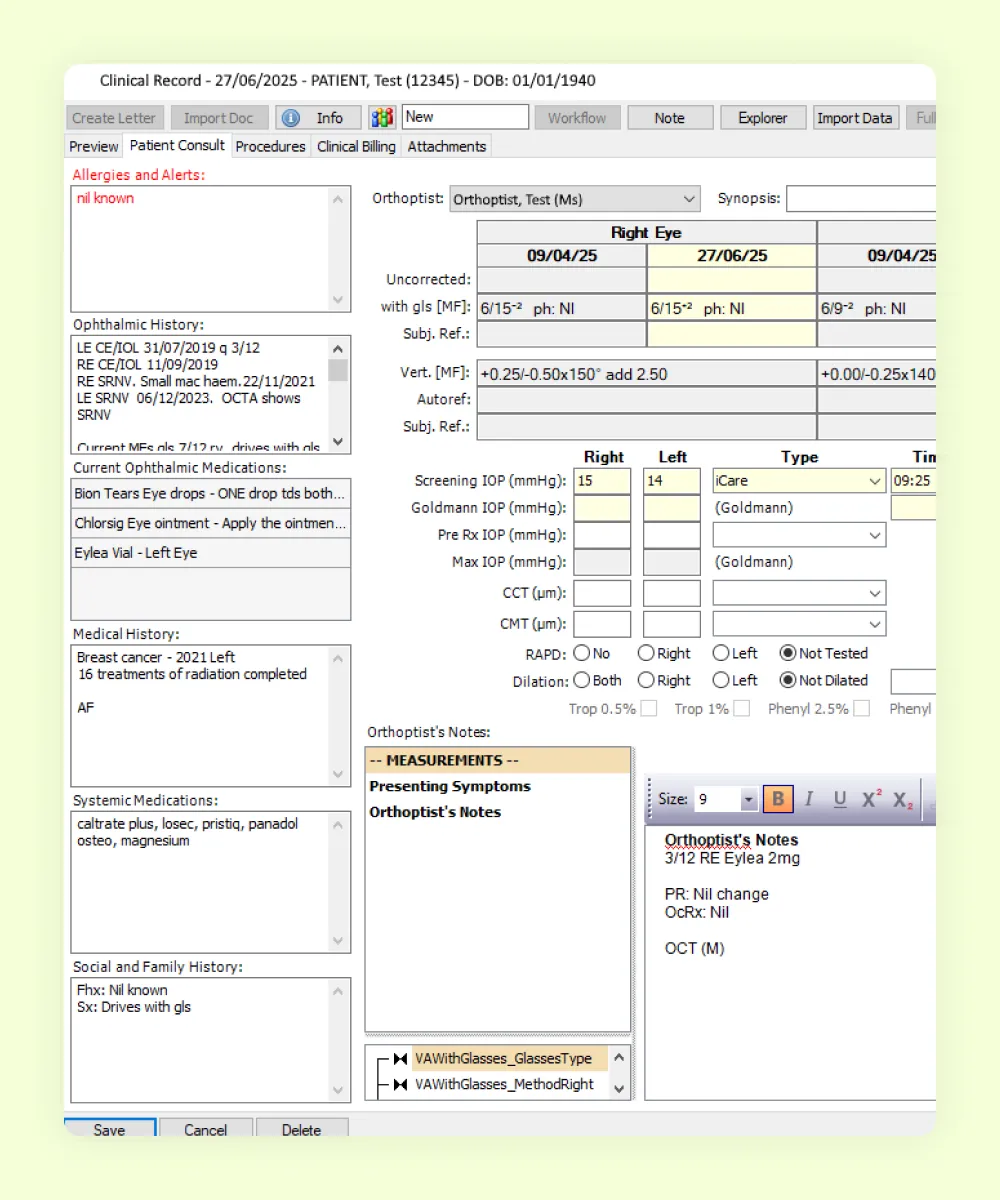 HealthTrack integrated ophthalmology record, holding visual acuity, IOP readings, ophthalmic history and medications in one view