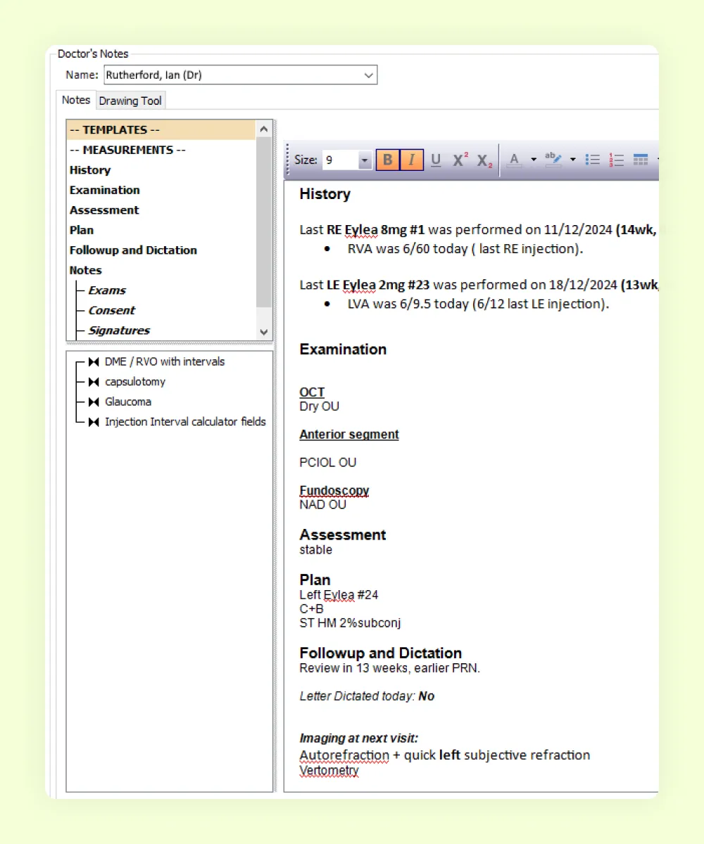 HealthTrack ophthalmology consult note built from smart-text templates, covering history, examination, assessment and plan