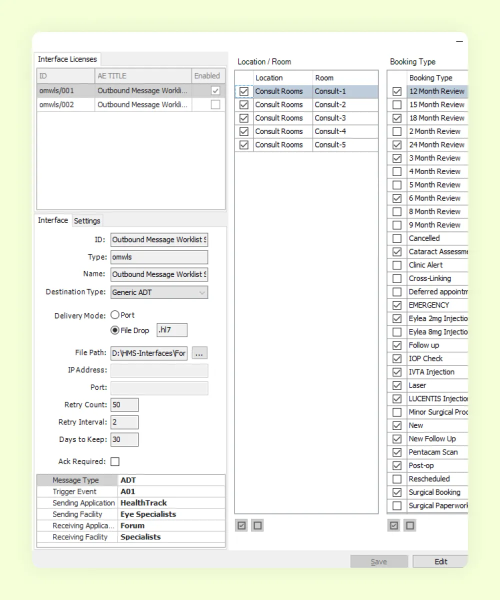 HealthTrack ZEISS worklist configuration, sending ophthalmology booking types to imaging devices as HL7 worklists
