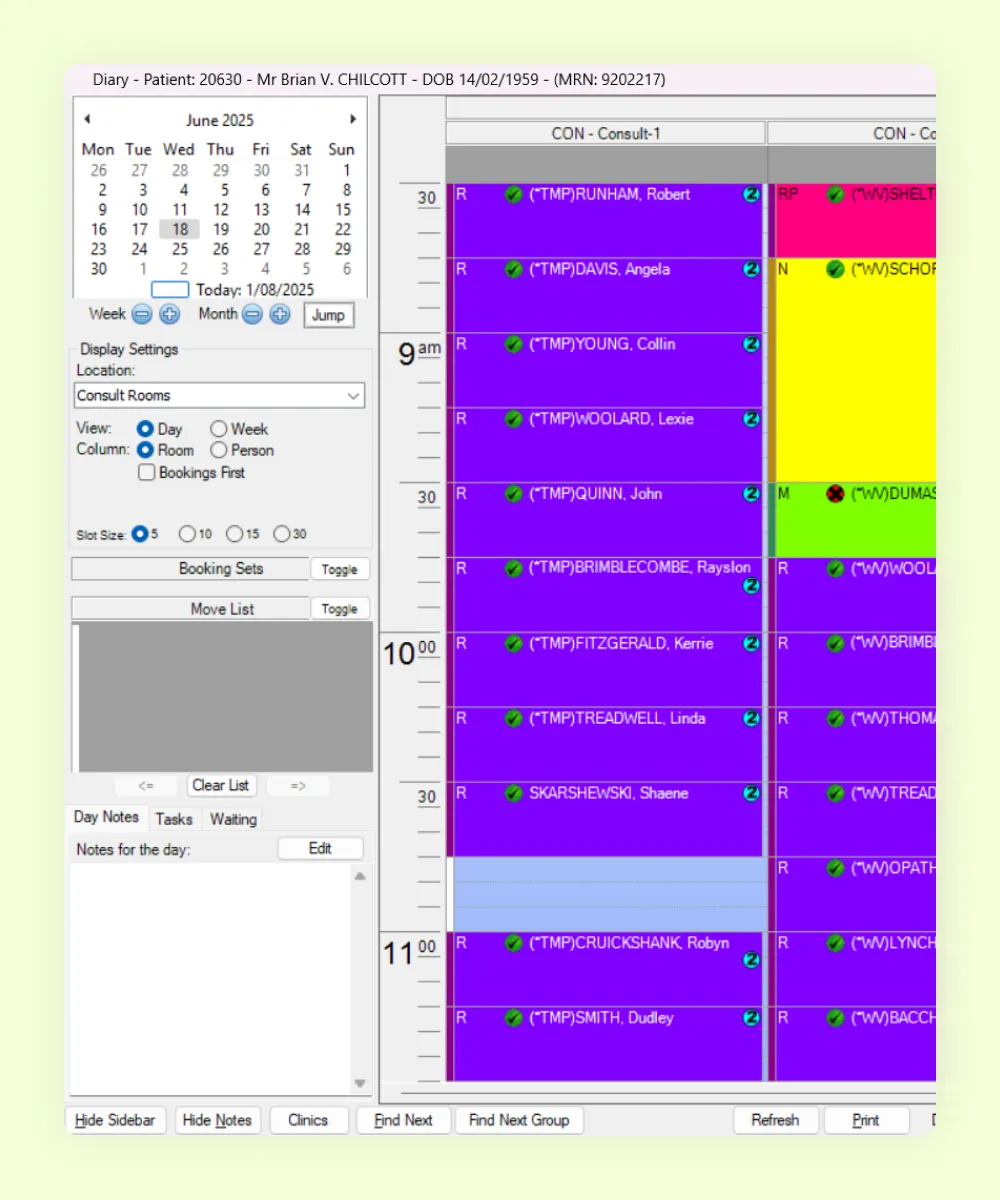 HealthTrack appointment scheduling for an ophthalmology clinic, showing a colour-coded day across consulting rooms