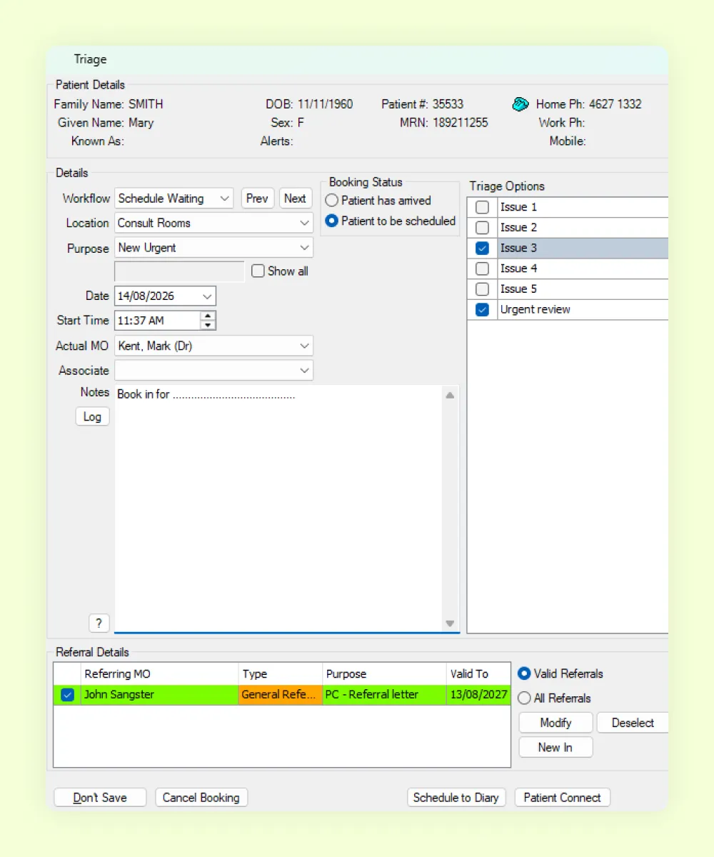 HealthTrack triage screen, assigning urgency to a new ophthalmology referral and scheduling it to the diary