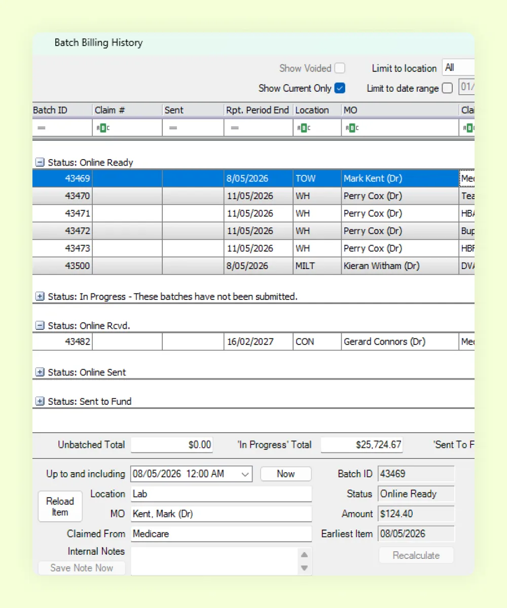 HealthTrack batch billing for an ophthalmology practice, showing Medicare claim batches grouped by submission status