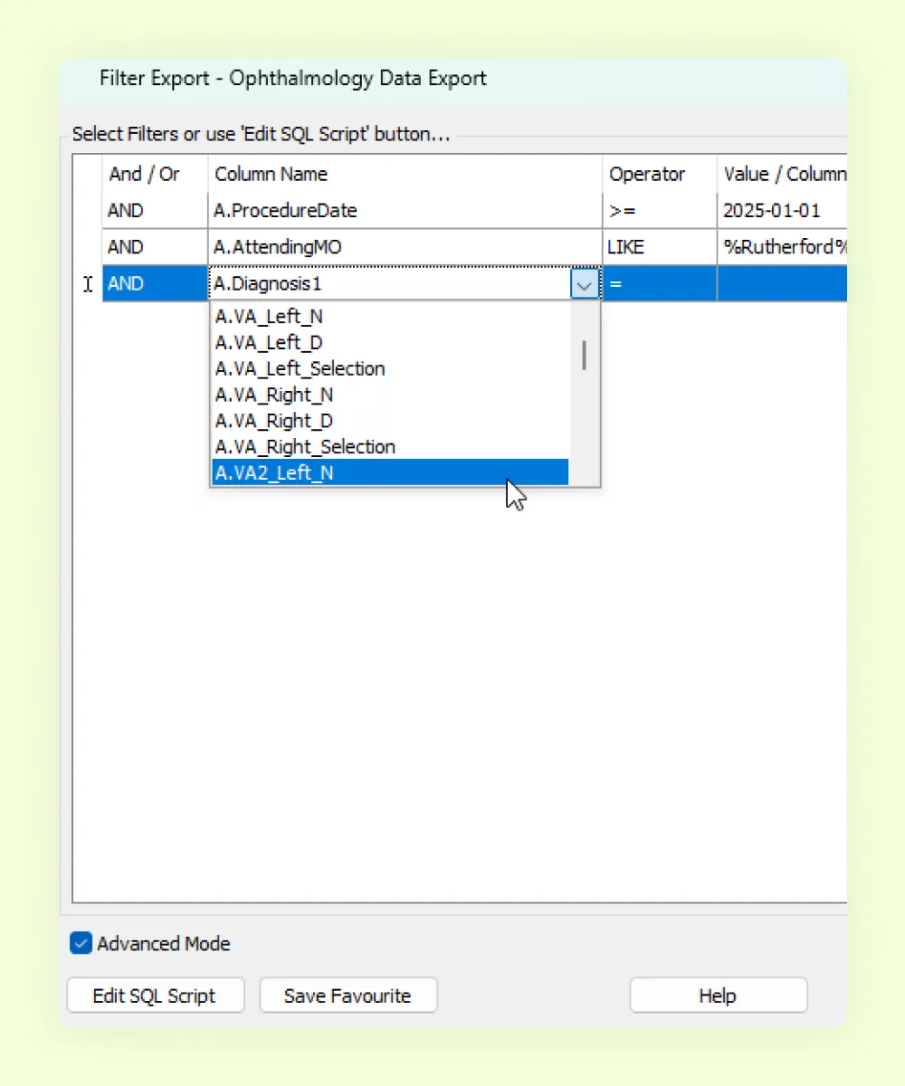 HealthTrack ophthalmology data export, building a filtered extract of procedure dates, attending doctors and visual acuity fields