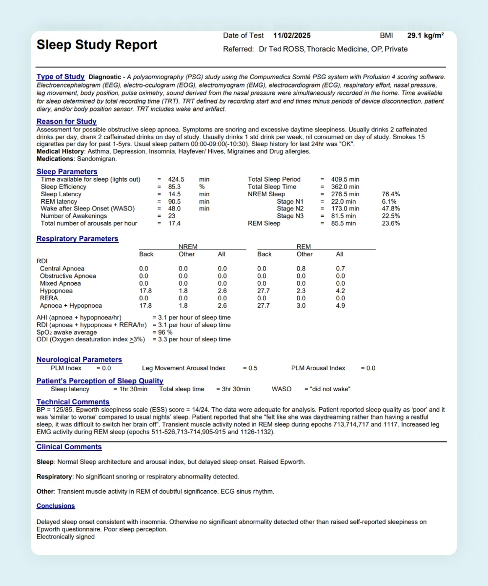 A HealthTrack sleep study report showing sleep architecture, respiratory parameters including AHI and RDI, and clinical conclusions