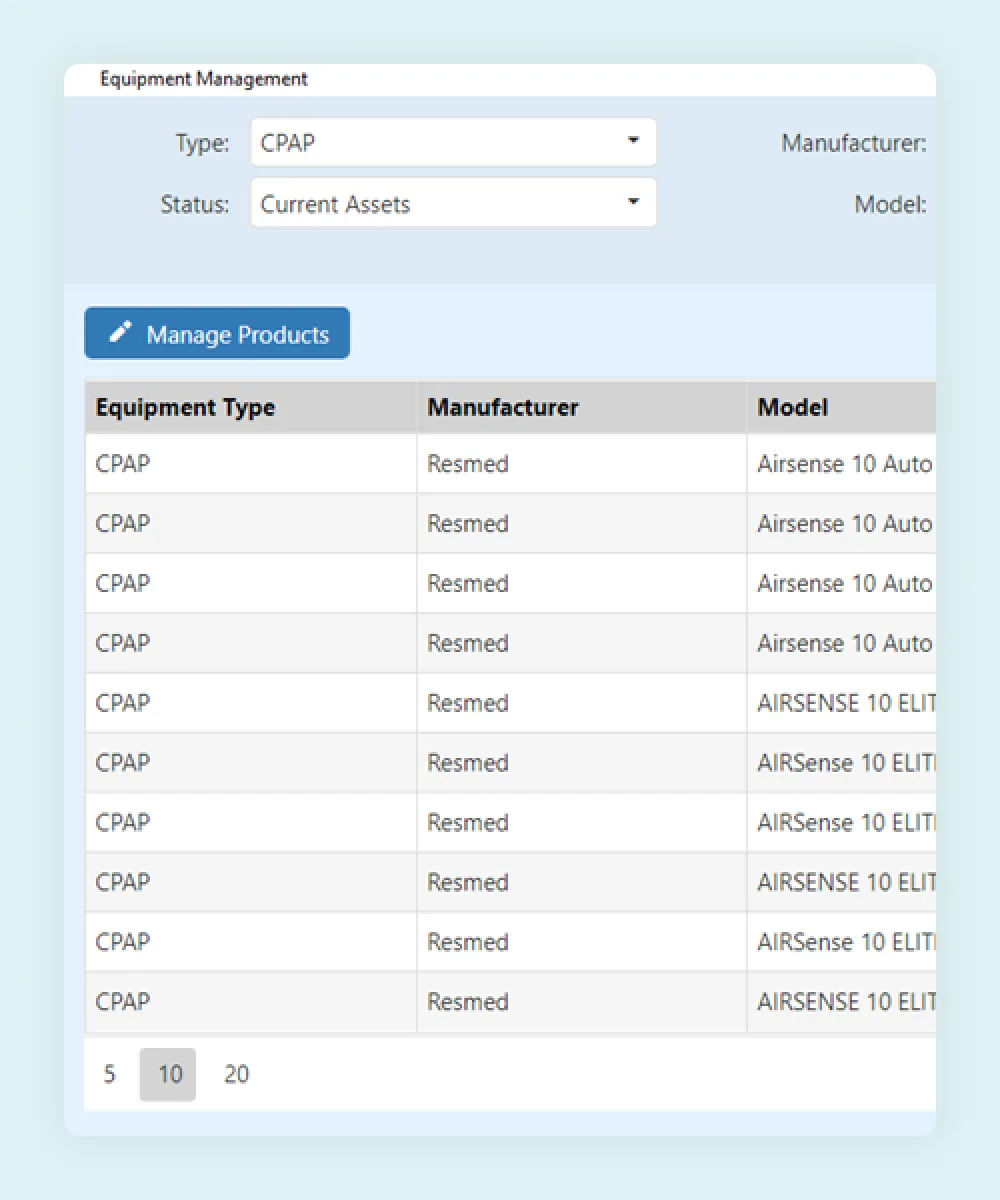 HealthTrack equipment management, tracking CPAP devices on loan by manufacturer, model and current asset status