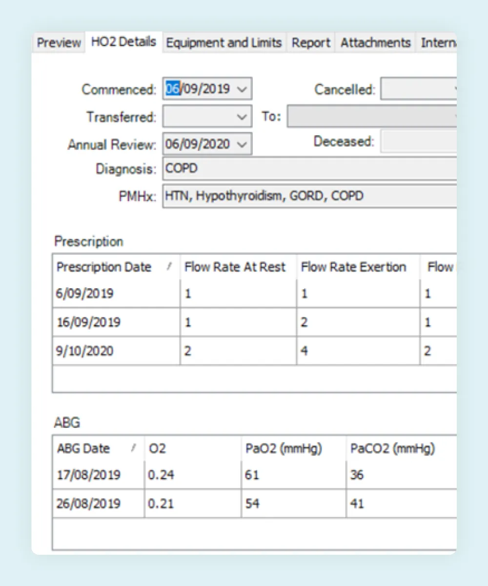 HealthTrack home oxygen module, recording a COPD patient's oxygen prescriptions, flow rates and arterial blood gas results