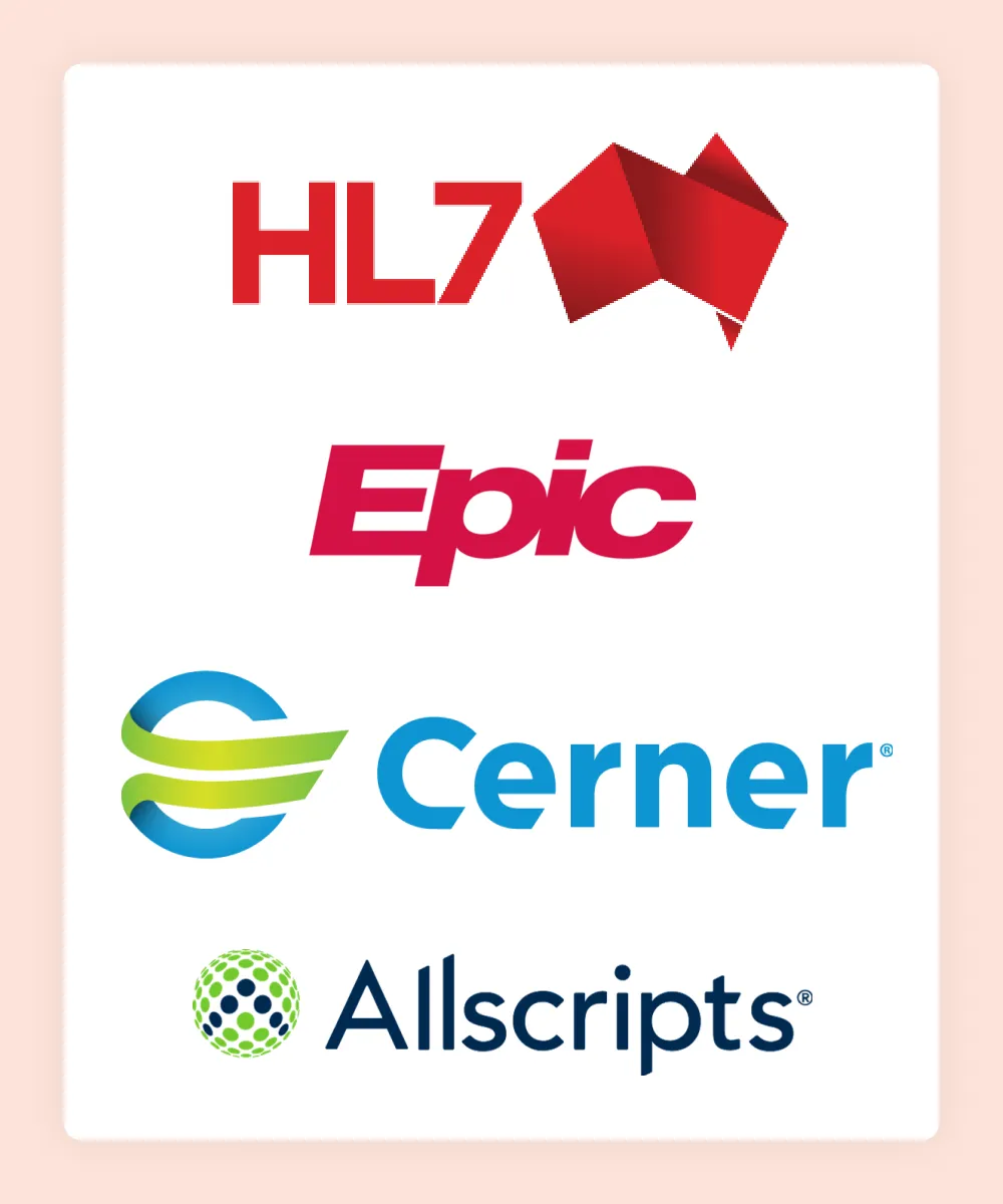 HL7, Epic, Cerner and Allscripts logos, the hospital eMR and patient administration systems HealthTrack exchanges data with