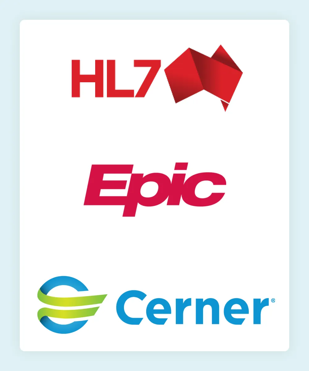 HL7, Epic and Cerner logos, the hospital eMR and patient administration systems HealthTrack exchanges data with