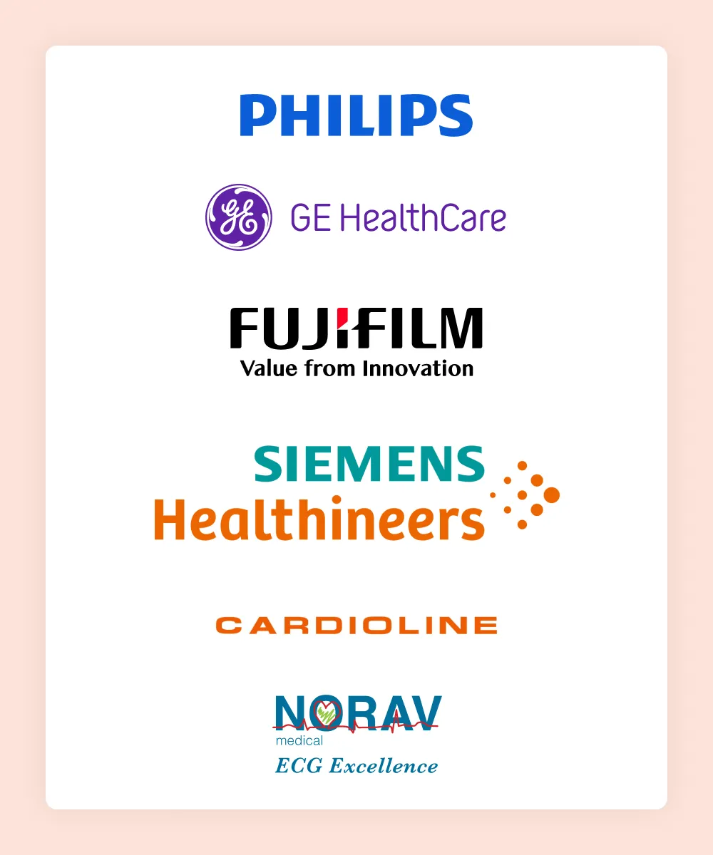 Philips, GE HealthCare, Fujifilm, Siemens Healthineers, Cardioline and Norav logos, cardiology devices HealthTrack integrates with