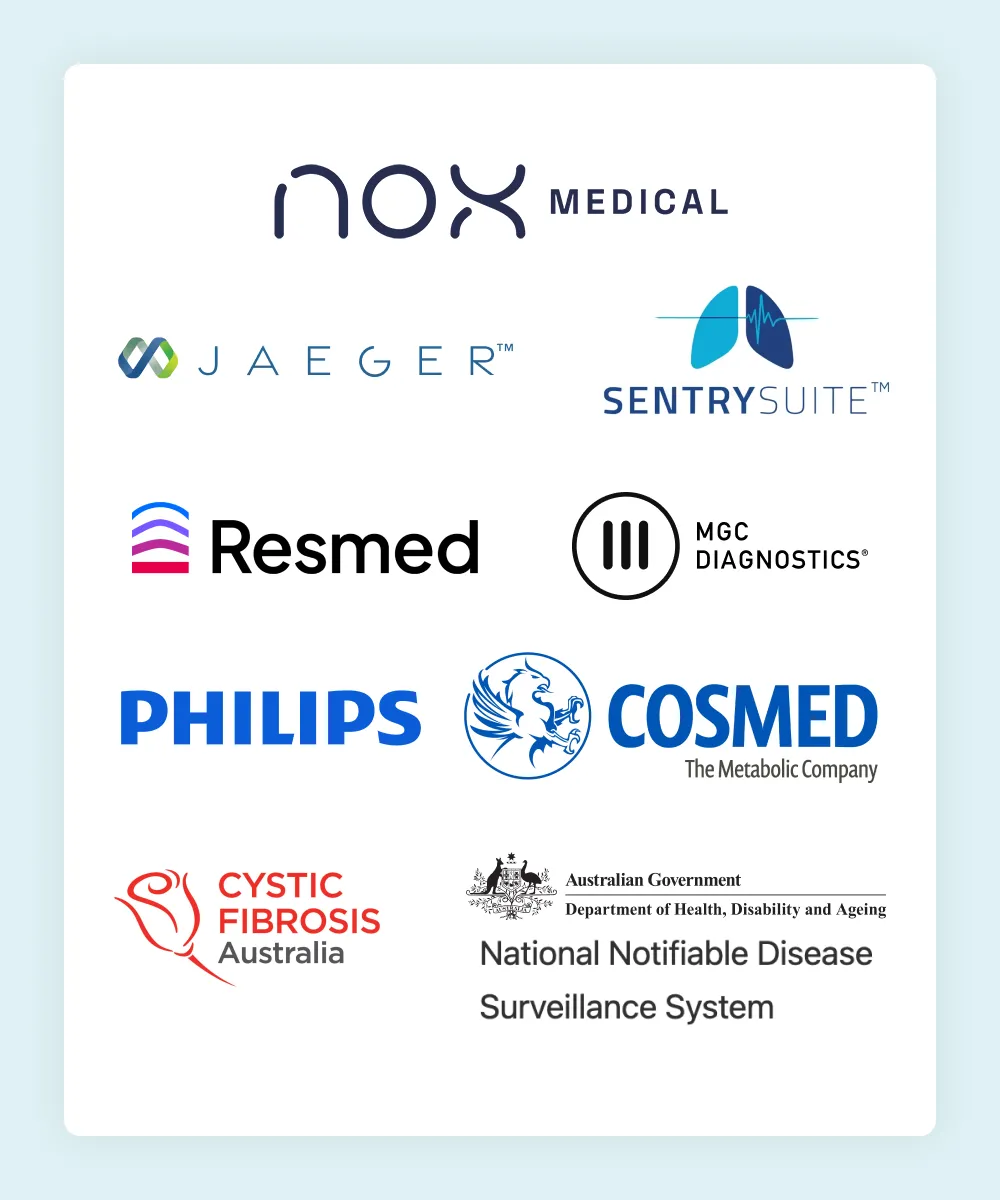 Nox Medical, Jaeger, SentrySuite, ResMed, MGC Diagnostics, Philips and Cosmed logos, respiratory and sleep systems HealthTrack connects to