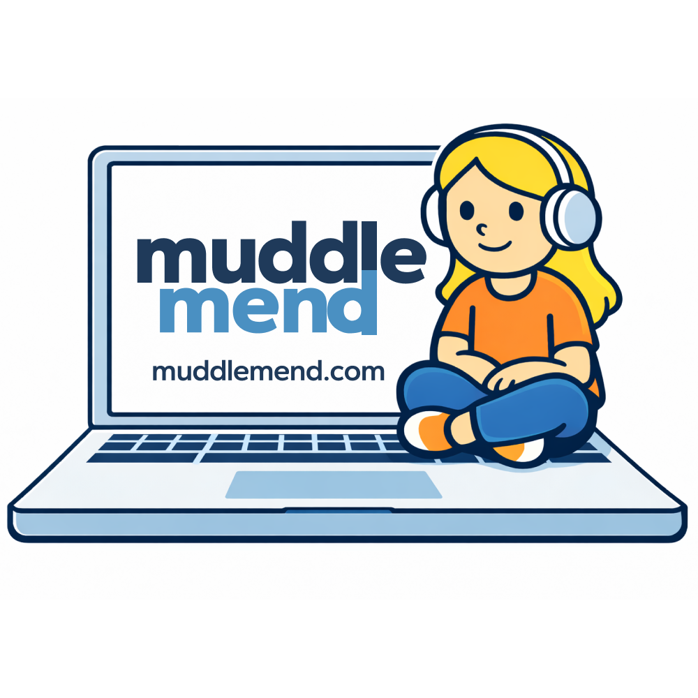 Illustration of a girl with headphones sitting cross-legged on a laptop displaying 'muddlemend.com' and 'muddle mend' text.