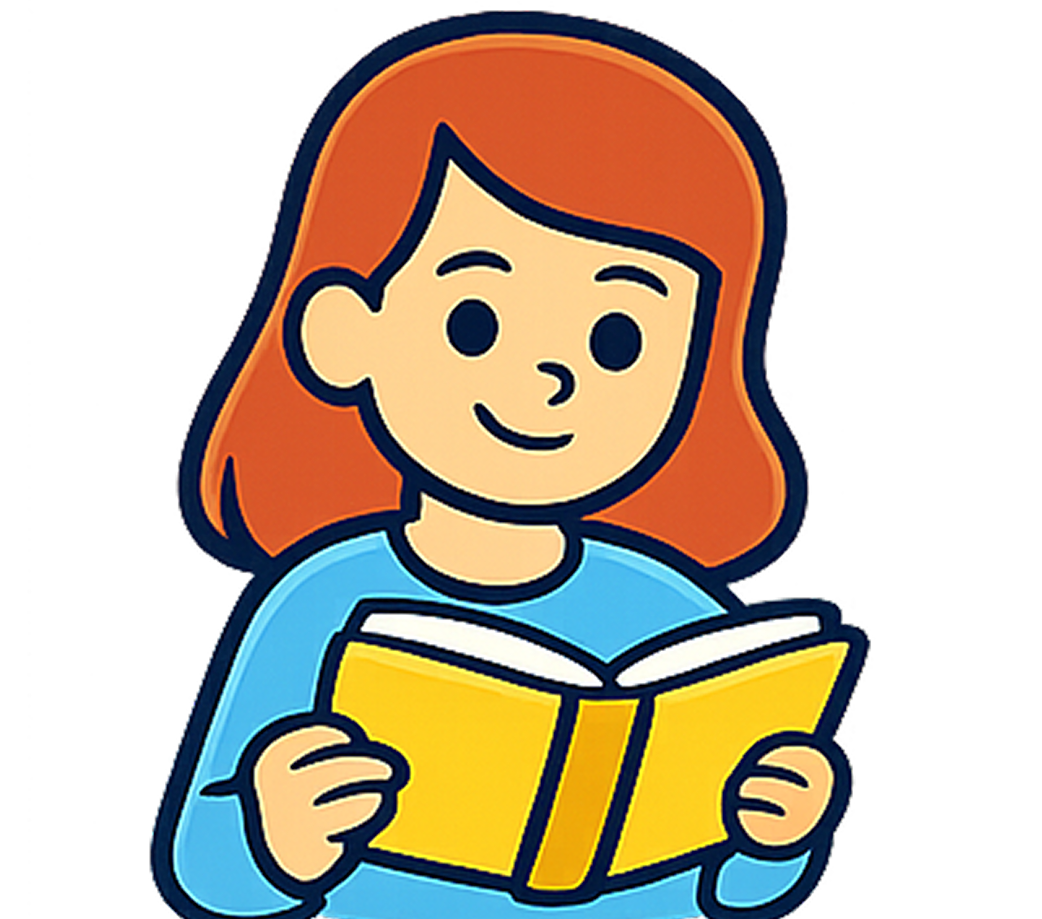 Illustration of a person with red hair reading a yellow book.