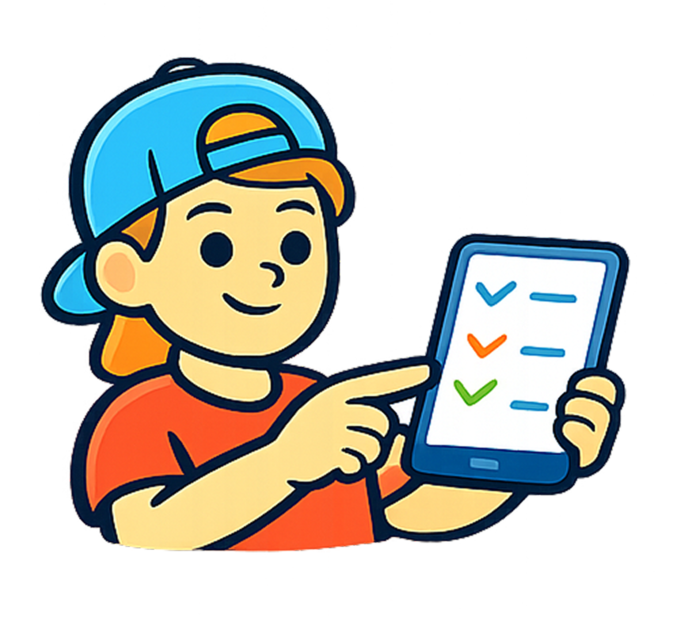 Cartoon boy wearing a blue cap backward and an orange shirt pointing at a checklist on a tablet.