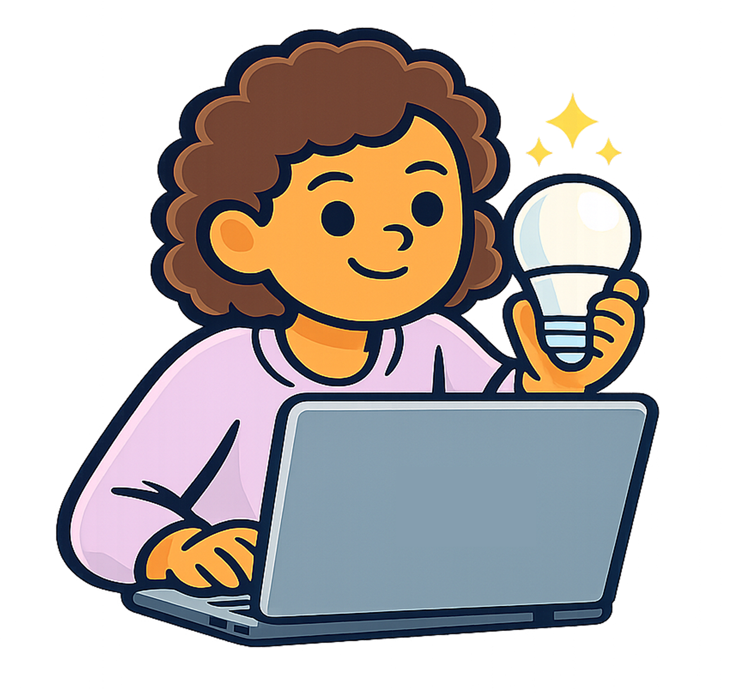 Illustration of a person working on a laptop and holding a glowing light bulb, symbolizing an idea.