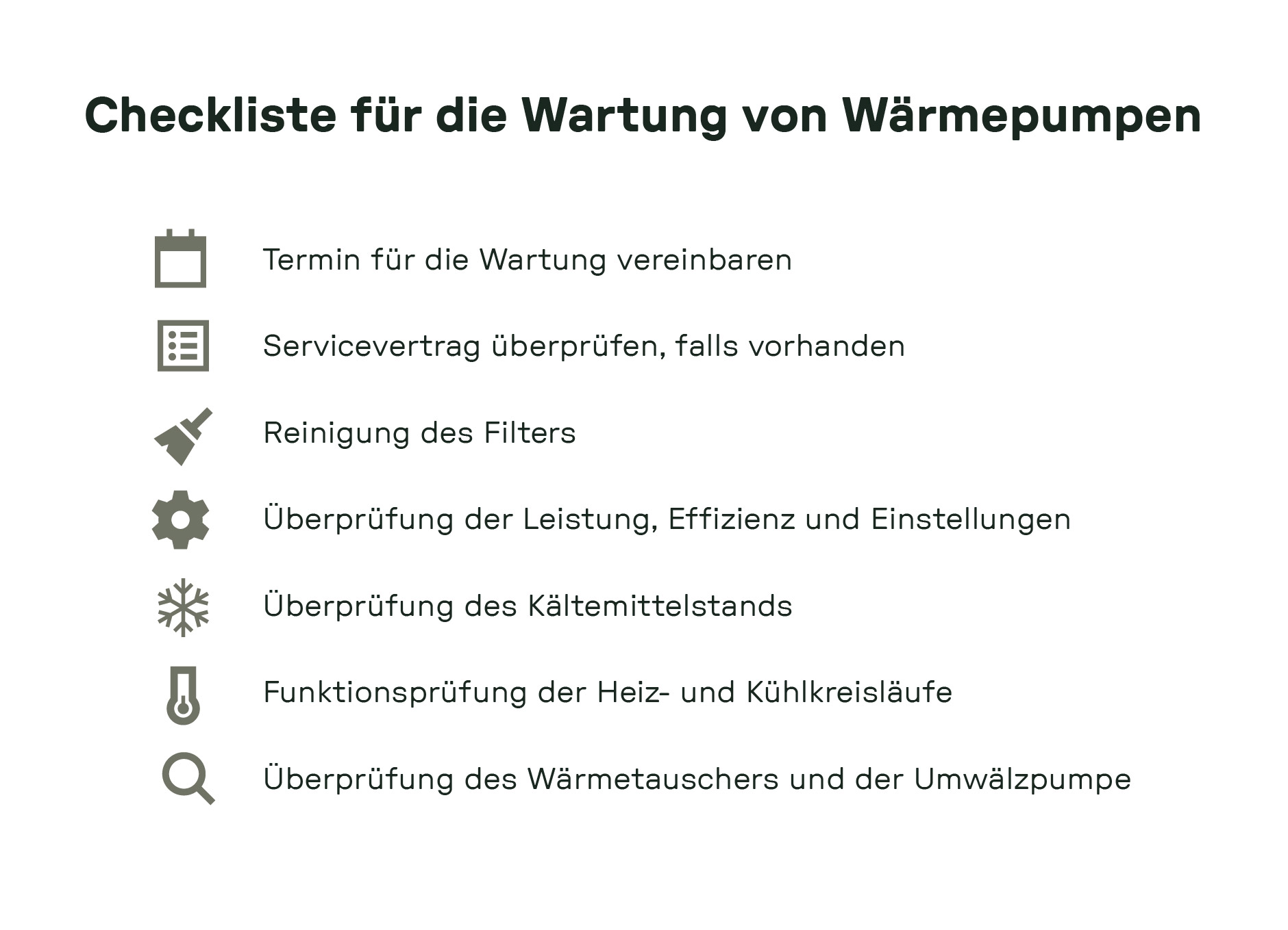 Checkliste mit sieben Punkten zur Wartung von Wärmepumpen, darunter Filterreinigung, Kältemittelkontrolle und Effizienzprüfung.