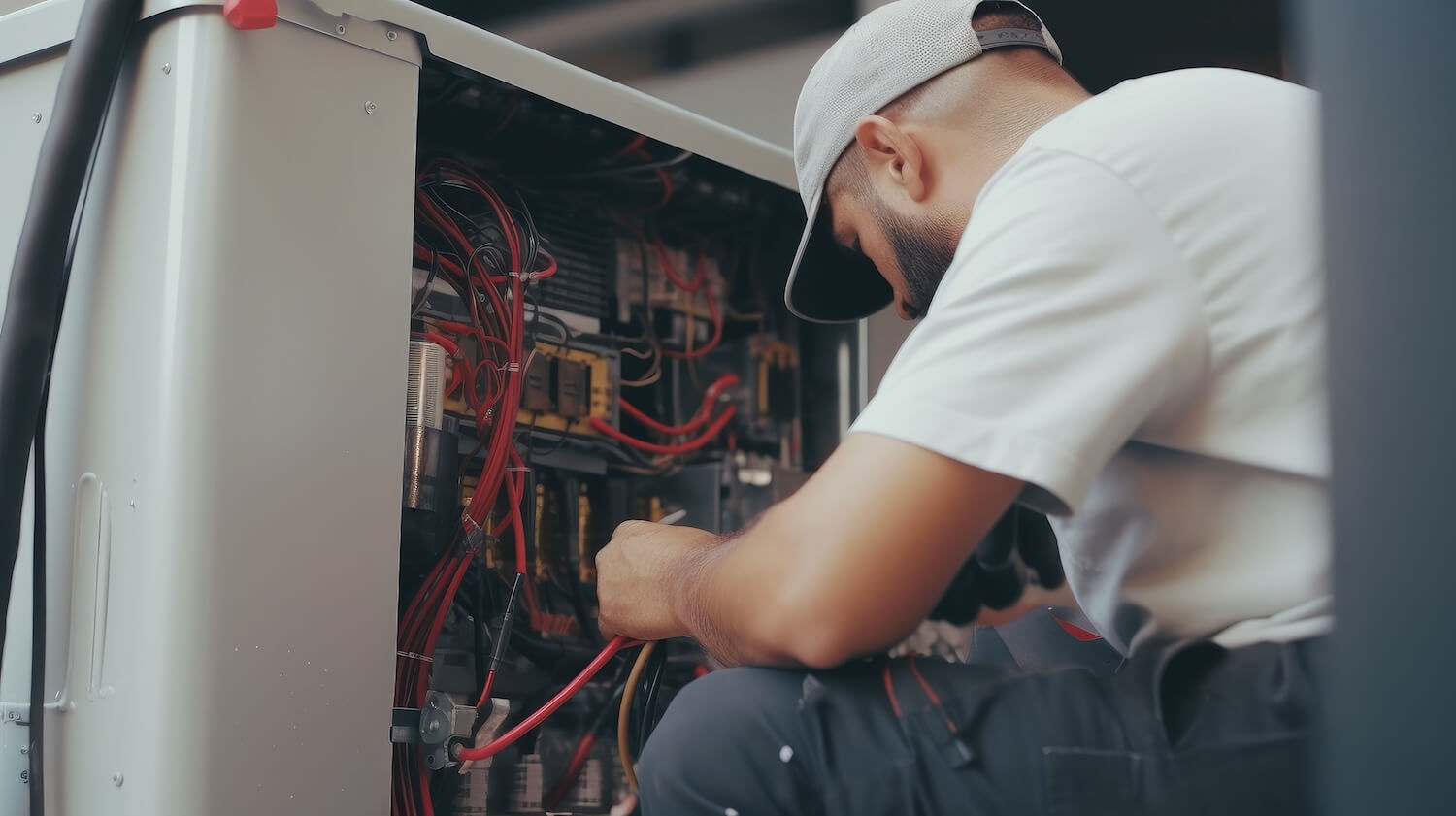 Ein Techniker bei der Wartung der Elektronik einer Wärmepumpe – essenziell für den Schutz durch eine Wärmepumpenversicherung.