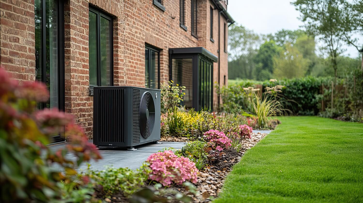 Wärmepumpe steht vor einem Haus im Garten
