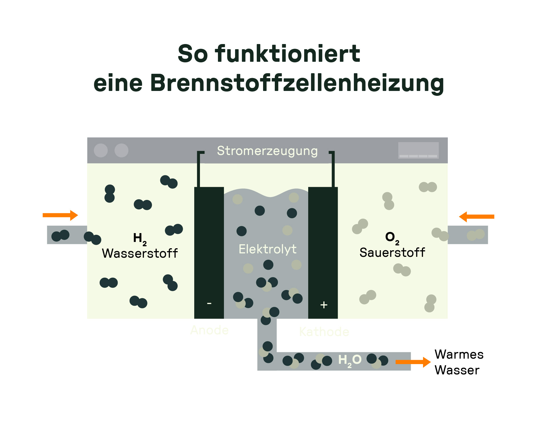 Funktionsweise einer Brennstoffzellenheizung mit Stromerzeugung aus Wasserstoff und Sauerstoff, Elektrolyt, Anode, Kathode und Erzeugung von warmem Wasser.