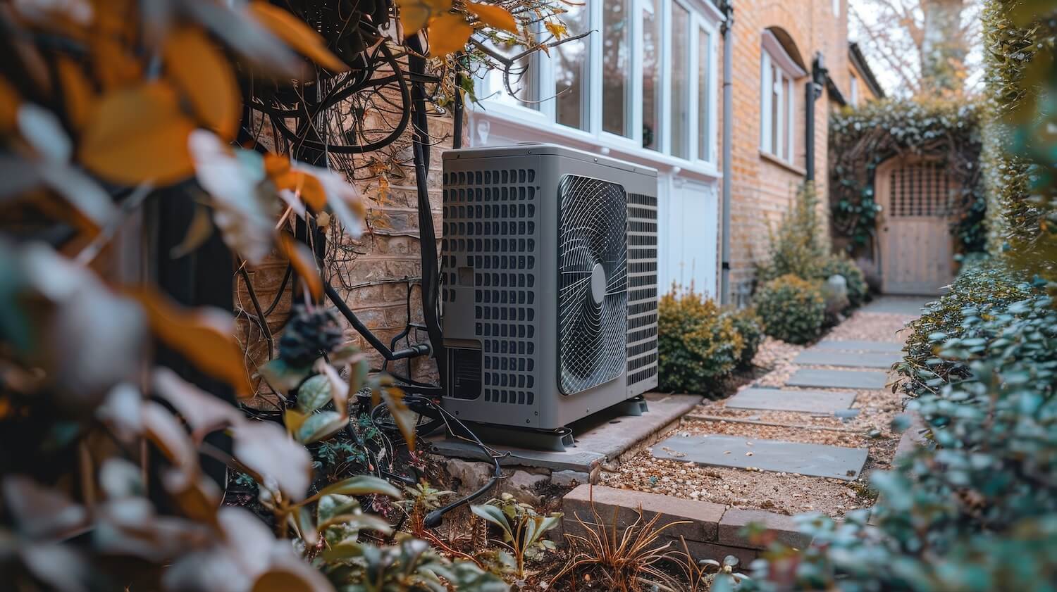 Wärmepumpe bei herbstlichem Wetter