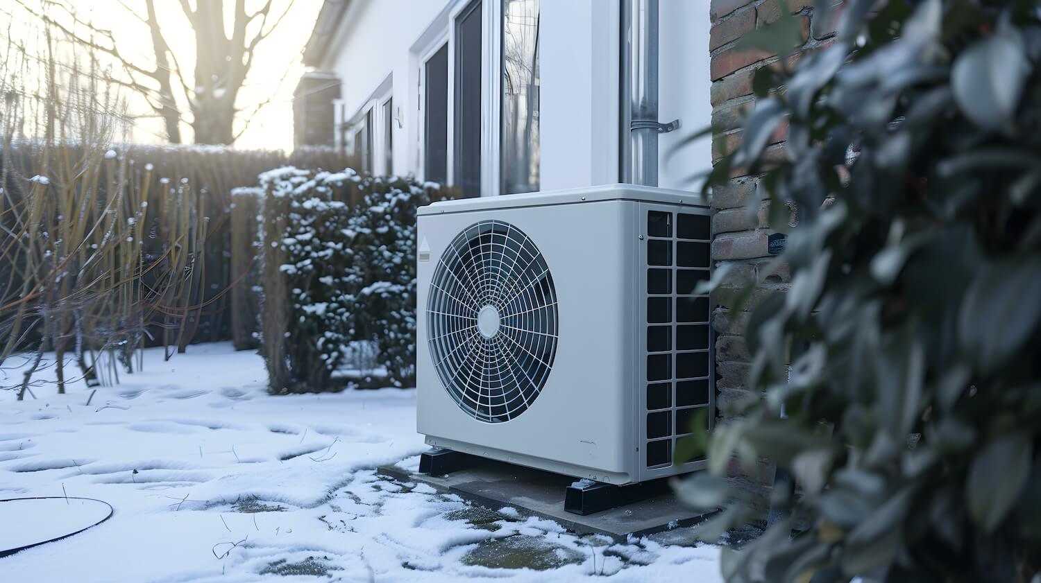 Wärmepumpe steht im Winter vor einem WOhnhaus.
