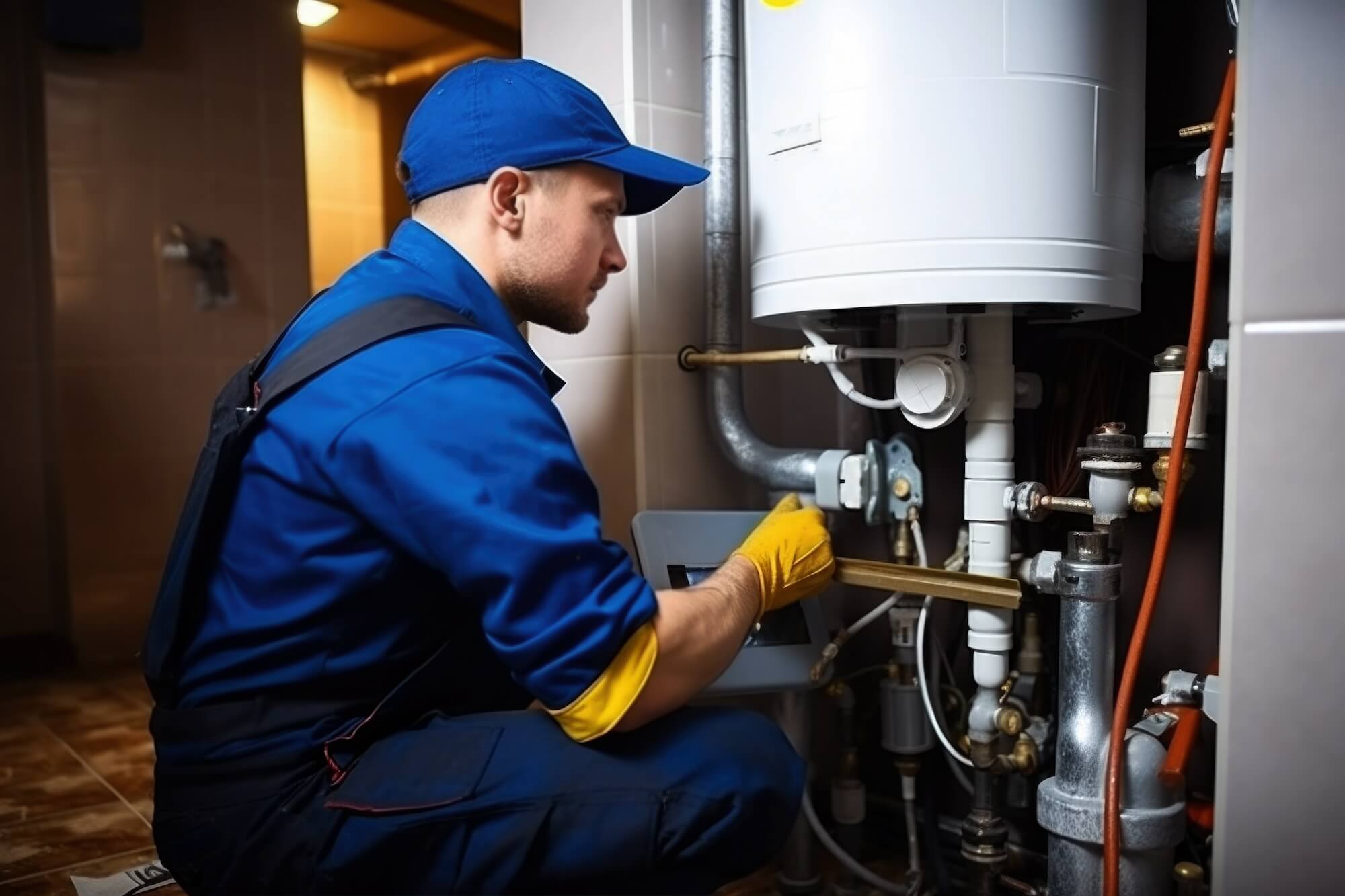 Handwerker arbeitet an einer Heizungsanlage.