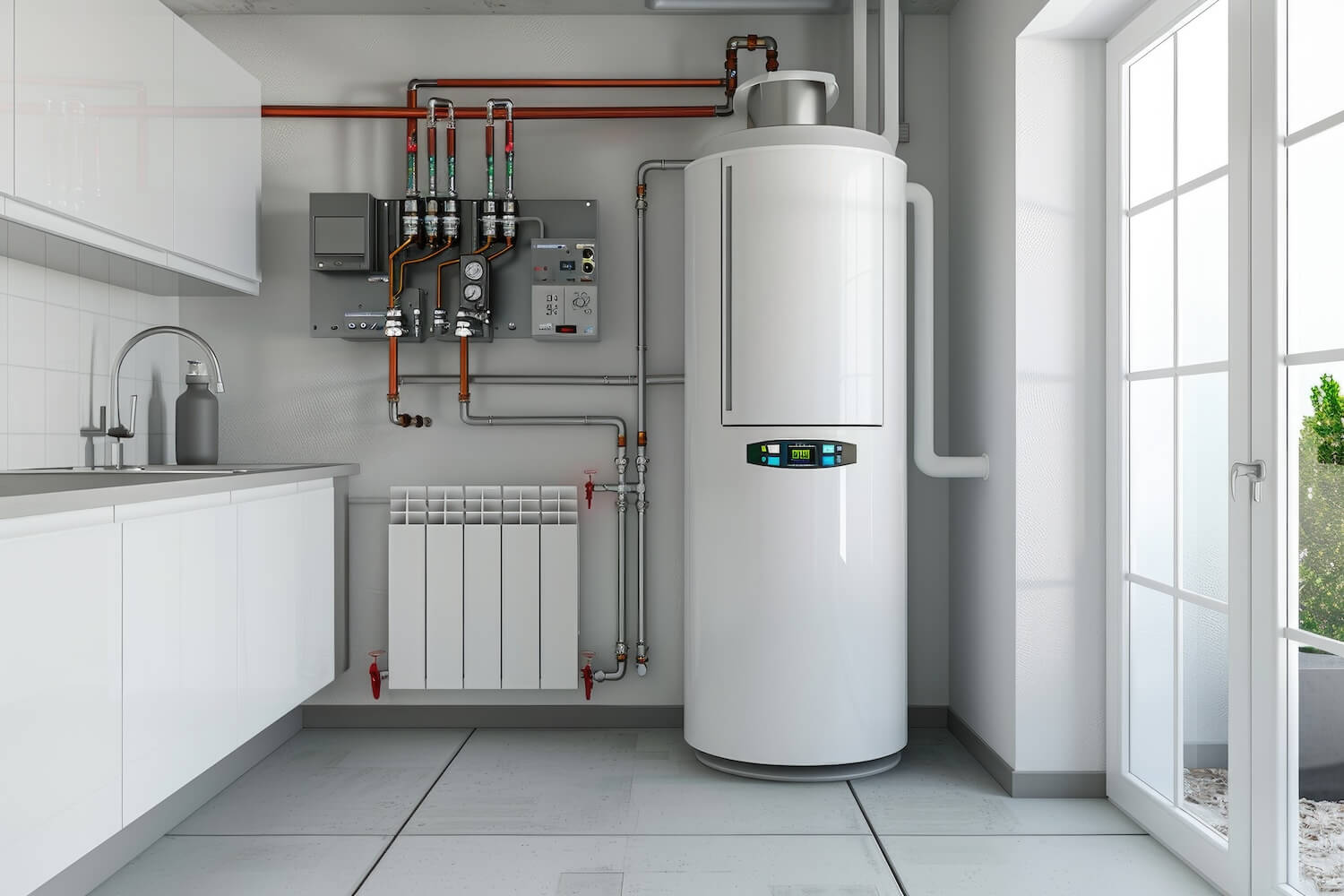 Moderne Brauchwasser-Wärmepumpe in einem hellen Hauswirtschaftsraum neben einer Kücheneinrichtung. Die Wärmepumpe ist mit mehreren Rohren und einem Kontrollpanel verbunden und sorgt für die effiziente Erwärmung von Brauchwasser.