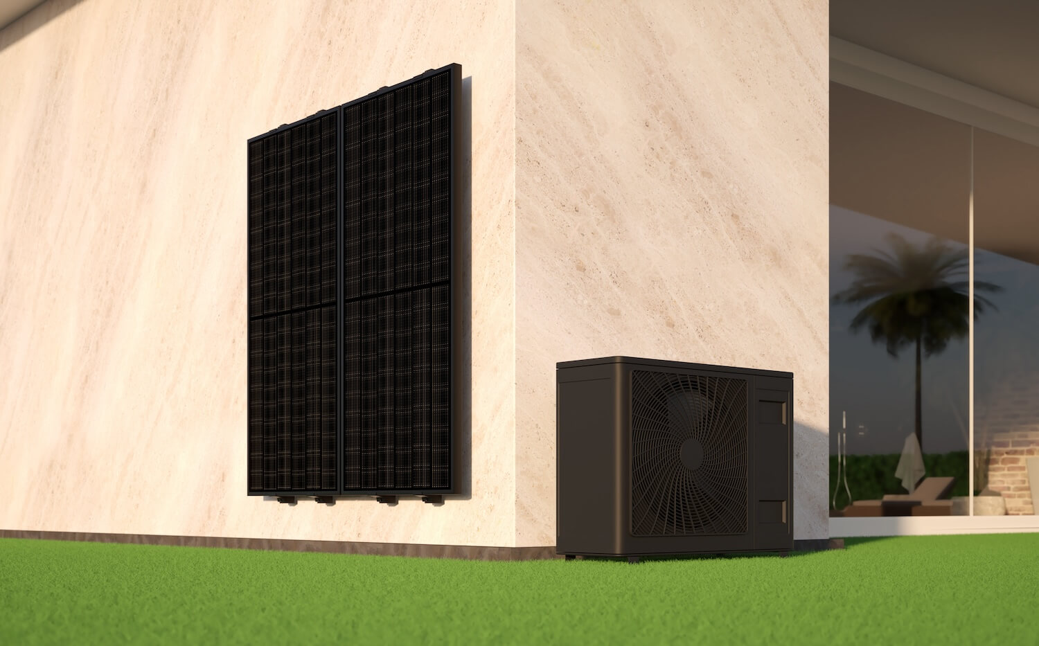 Effiziente Wärmepumpe in Kaskadenschaltung mit schwarzen Solarmodulen an einer modernen Hauswand.