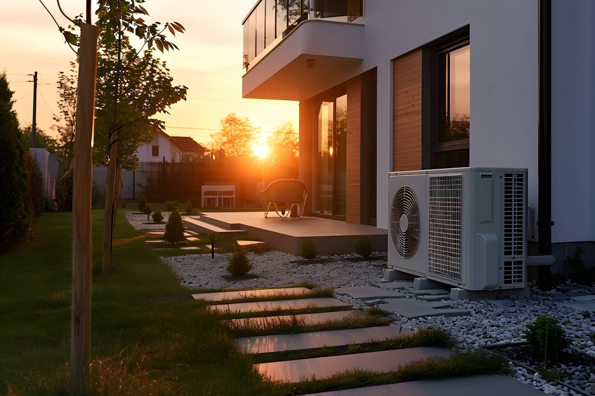 Wärmepumpe steht im Sonnenuntergang vor einem Wohnhaus.