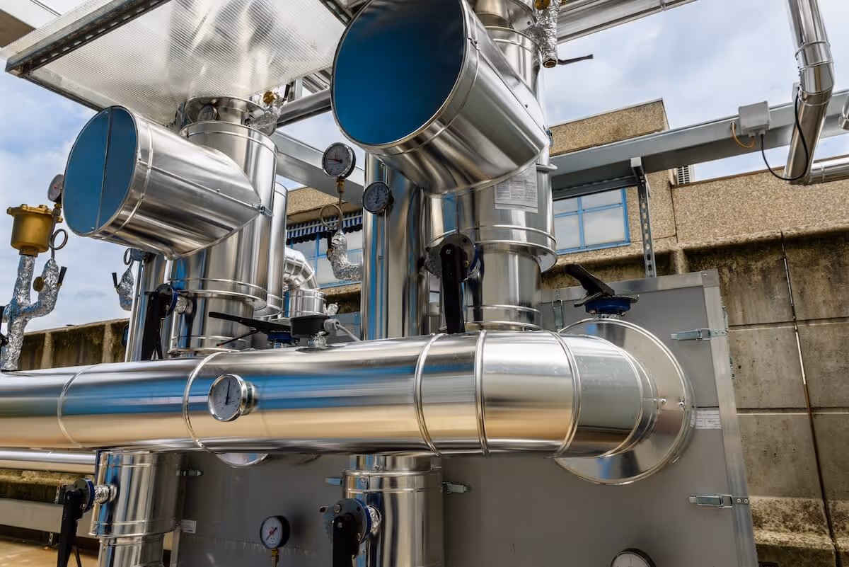 Komplexer Rohrleitungs- und Ventiltechnik einer industriellen Hochtemperatur-Wärmepumpe auf einem Betriebsgelände