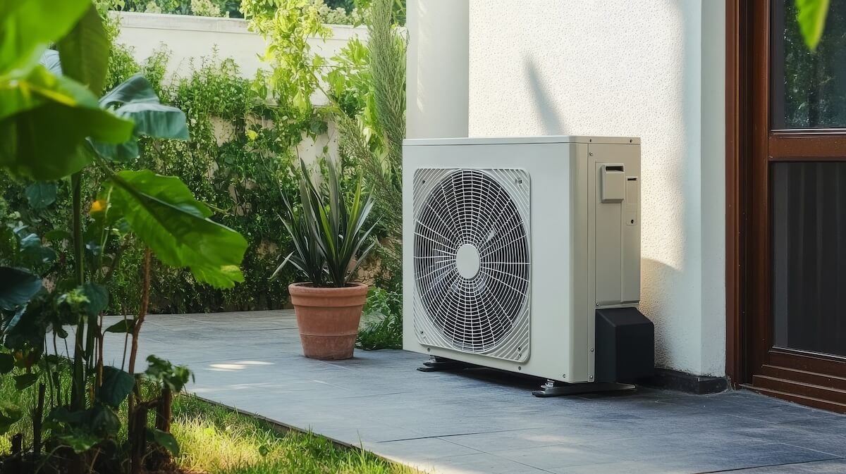 Hochtemperatur-Wärmepumpe installiert auf einer Terrasse mit Ziegelboden vor einer Hauswand