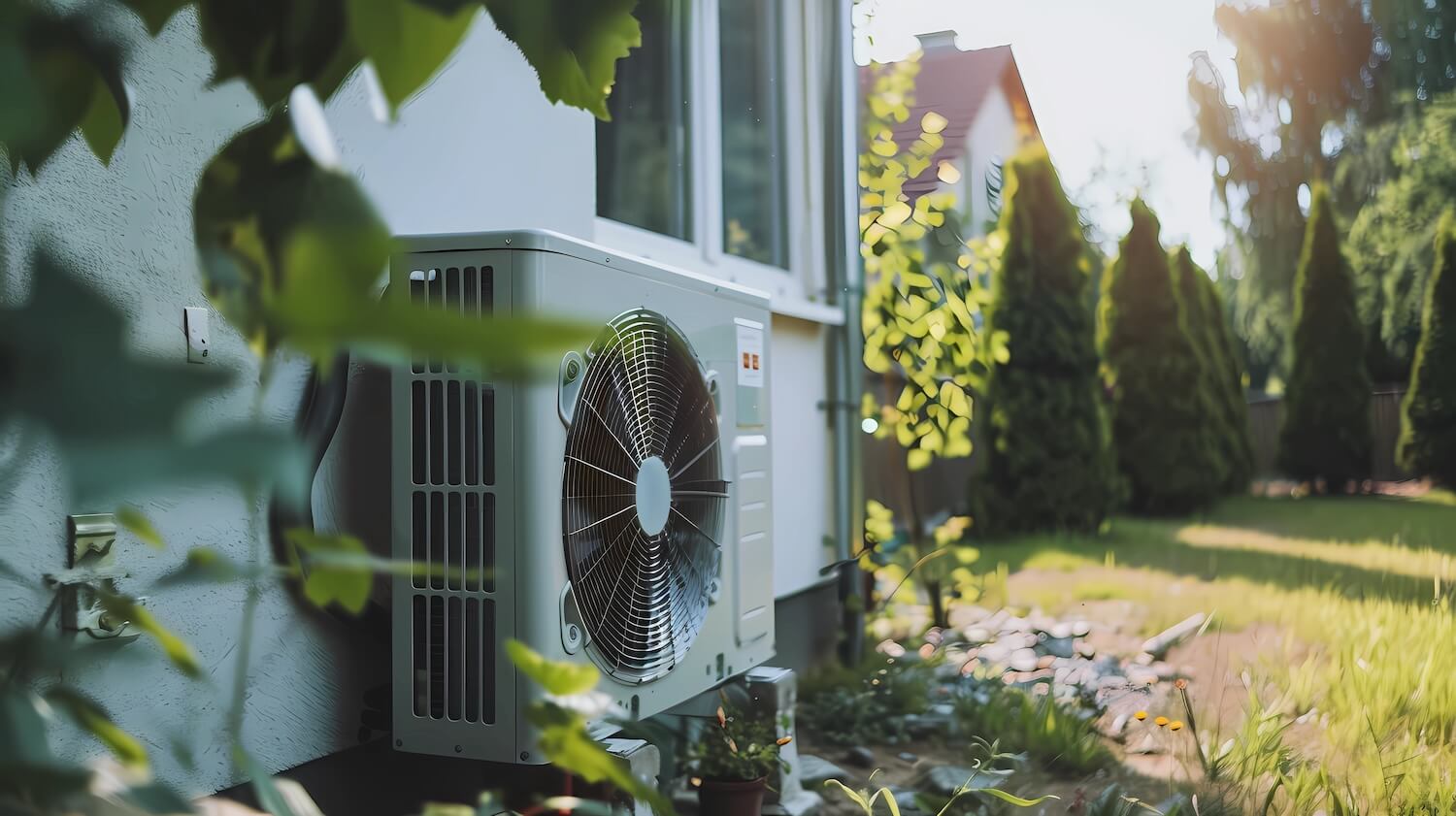 Beim Heizung erneuern fiel die Wahl auf eine moderne Luft-Wärmepumpe, deren Außeneinheit dezent zwischen grünen Pflanzen an der Hauswand platziert wurde.
