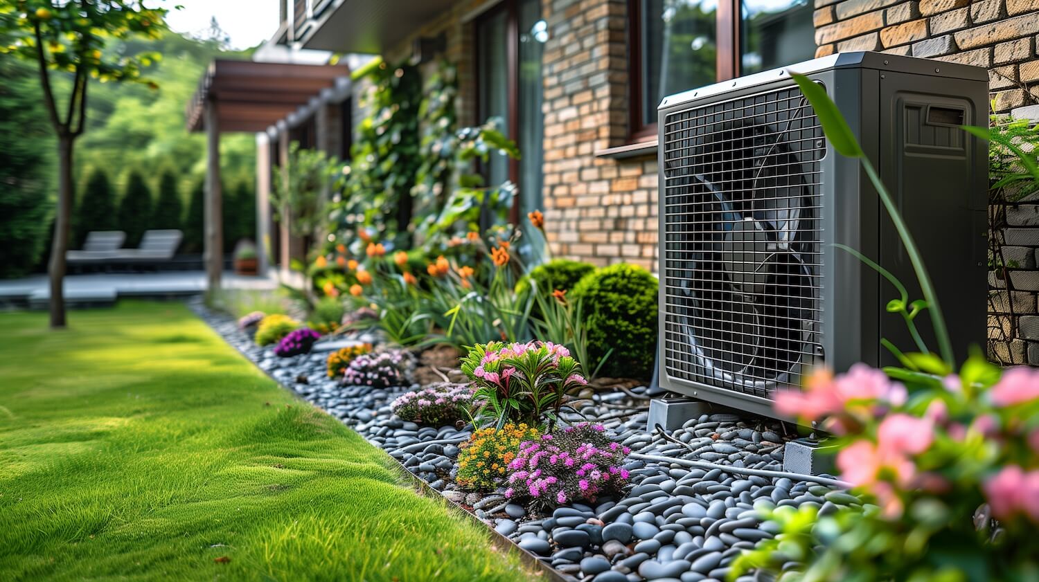 "Eine gelungene Lösung beim Heizung erneuern: Die Wärmepumpen-Außeneinheit wurde geschickt in die Gartengestaltung mit Blumen und Steinen integriert.