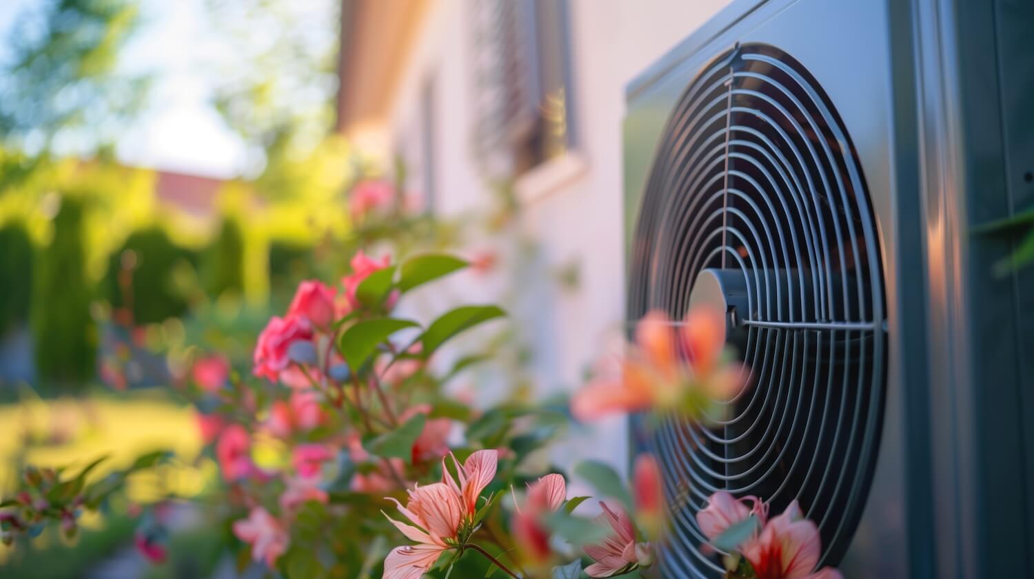 Nahaufnahme einer Wärmepumpe in einem Garten mit blühenden Blumen im Vordergrund – Wärmepumpen-Faktencheck.