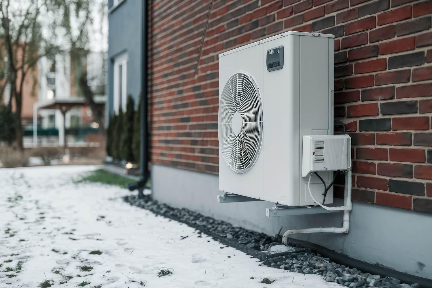 Wärmepumpe an der Außenwand eines Hauses mit Schnee im Garten – Wärmepumpen-Faktencheck.