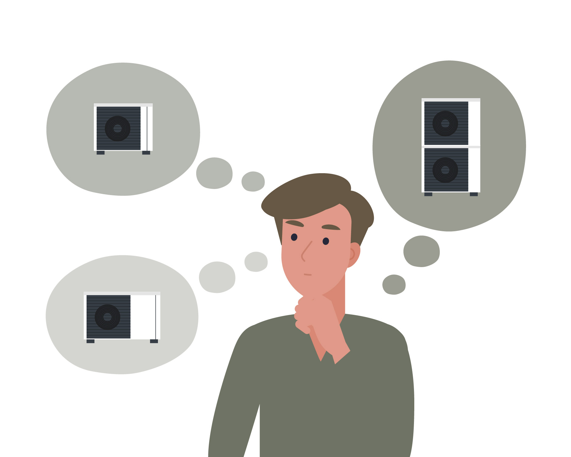Illustration eines nachdenklichen Mannes mit Wärmepumpen in Gedankenblasen – verdeutlicht die Entscheidungsfindung bei der Auswahl einer günstigen Wärmepumpe.